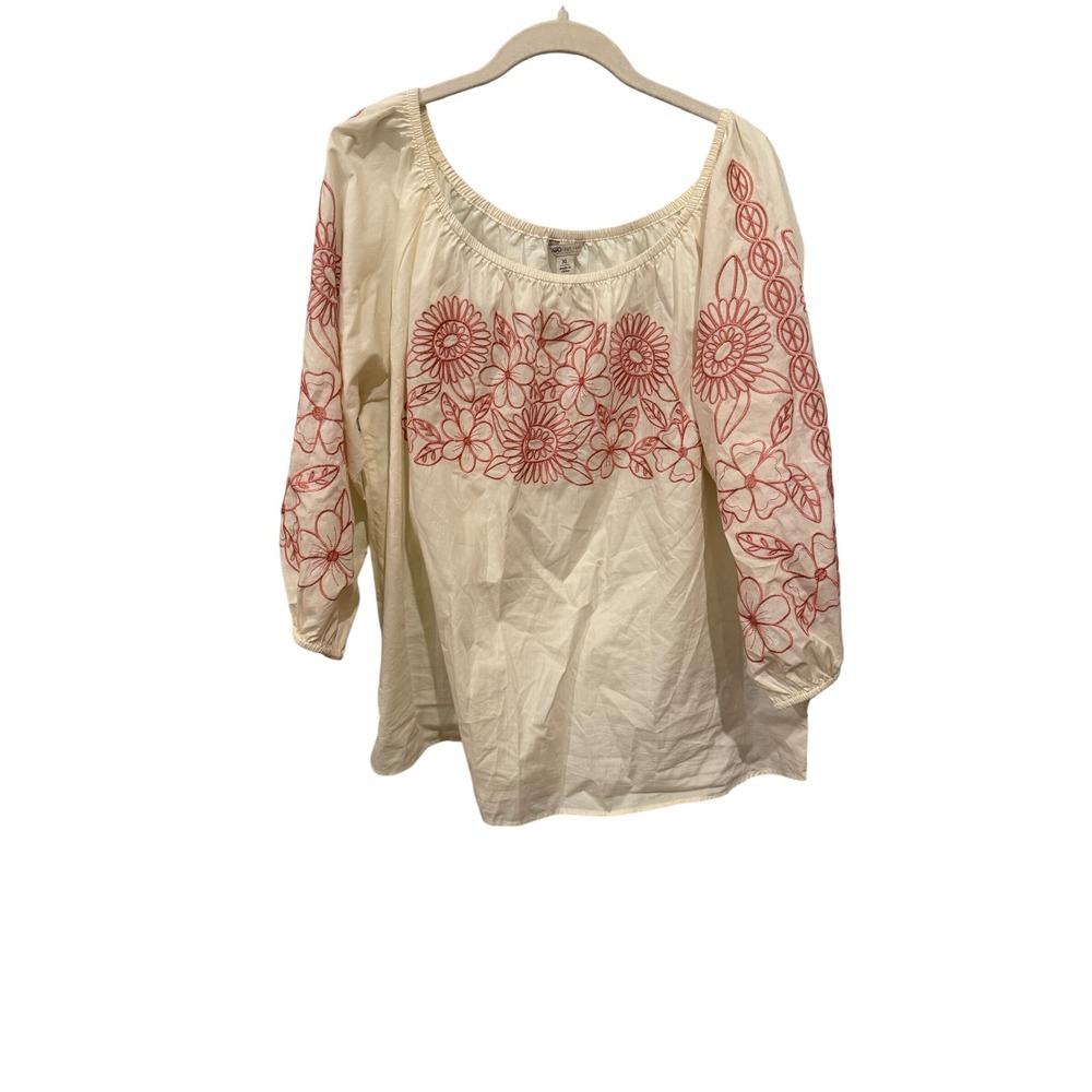 Cato Ivory Floral Embroidered Peasant Blouse Coral Boho Scoop Neck Top XL